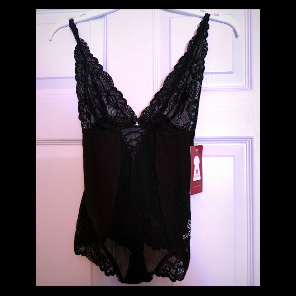 Secrets S/M Black Teddy with Lace-Up Back NWT